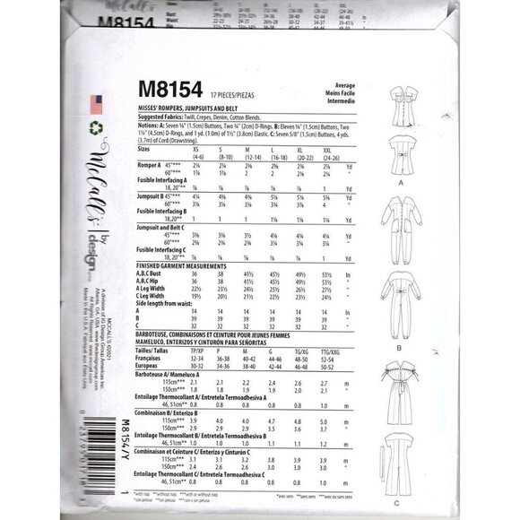 McCall's M8154 Misses XS to M Jumpsuit and Rompers Uncut Sewing Pattern - Picture 2 of 2